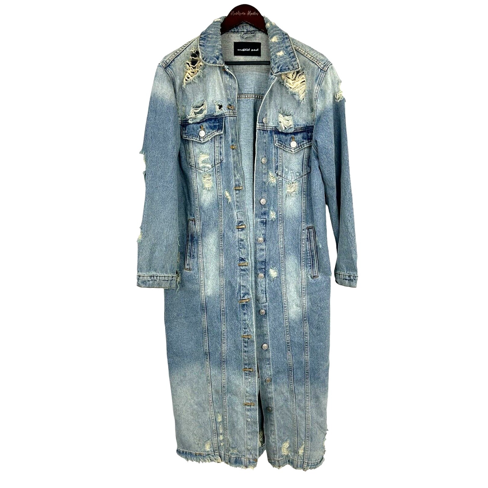 Mustard Seed Women L Destructed Denim Blue Jacket Long Jean Button Up Biker R4